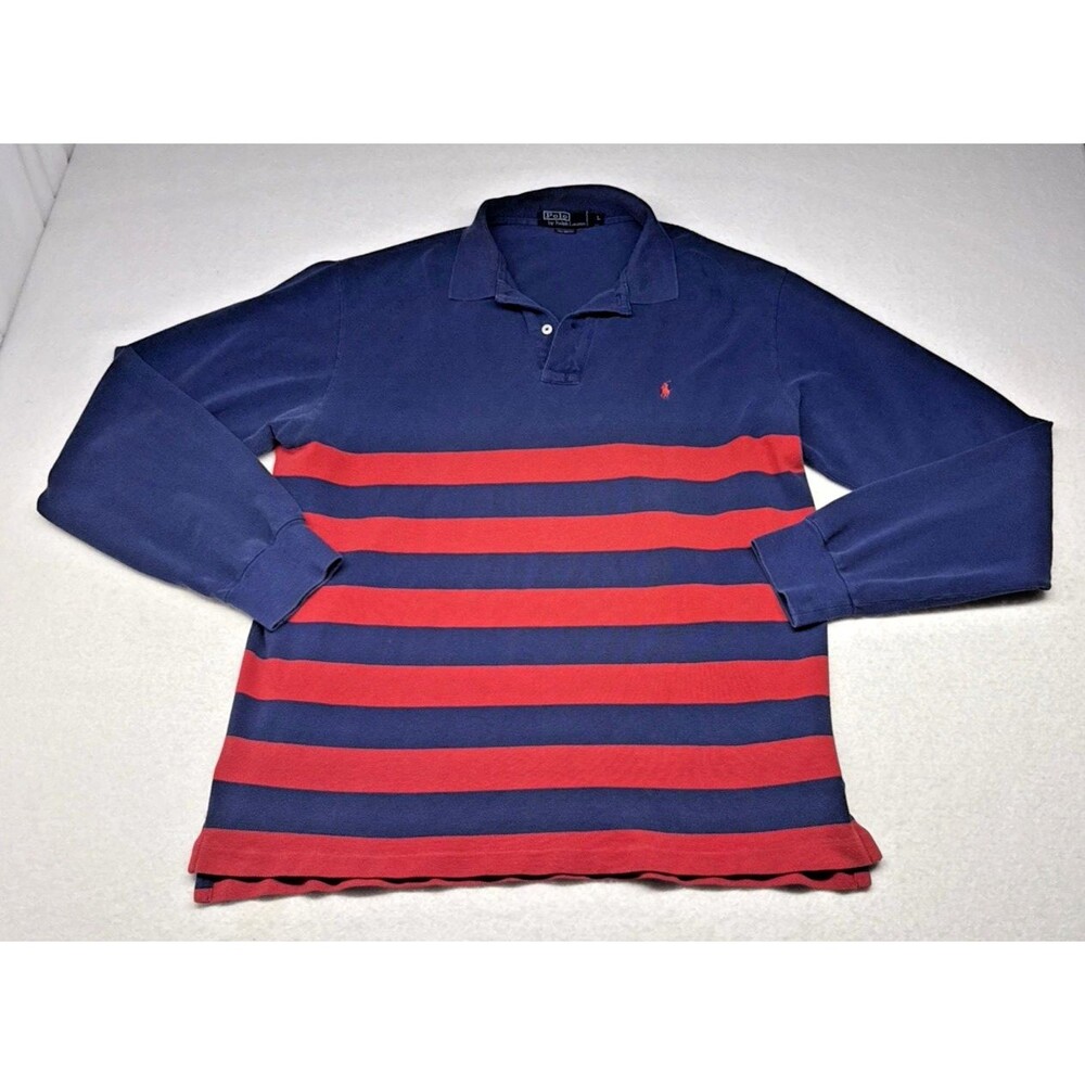Polo Ralph Lauren Mens L Rugby Shirt Navy Red Stripe Long Sleeve Cotton Vintage